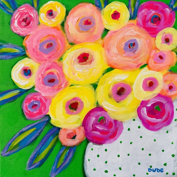 Original Painting Collectible Flowers White with Green Polka Dot Vase 12" x 12"